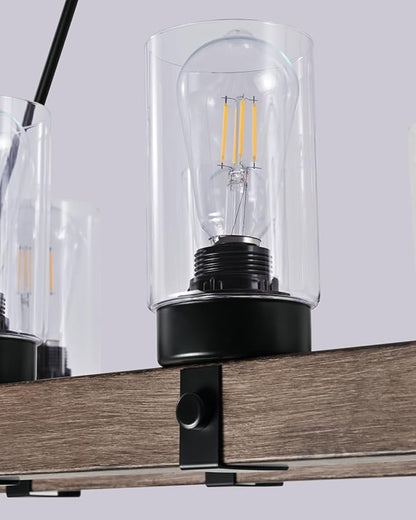 8-Light Wooden Island Pendant with Clear Glass Shades Rustic Linear Pendant Light Ideal for Kitchens, Dining Rooms, and Bars