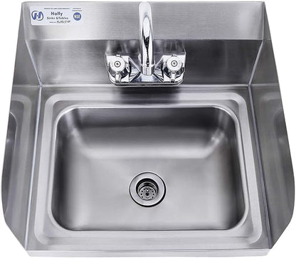 HALLY Stainless Steel Sink for Washing with Faucet and Side Splash, NSF Commercial Wall Mount Hand Basin for Restaurant, Kitchen and Home, 17 x 15 Inches