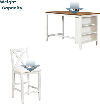 Harper & Bright Designs 5 Pieces Counter Height Wooden Bar Table Set with 3-Tier Shelf and 4 Chairs, Rustic Farmhouse Dining Table Set for 4, White