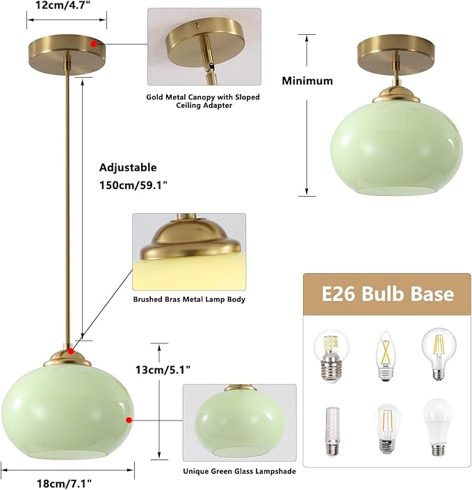 KCO Lighting Vintage Green Glass Pendant Light Brushed Gold Island Pendant Lights Small Globe Hanging Light Nordic Green Chandelier