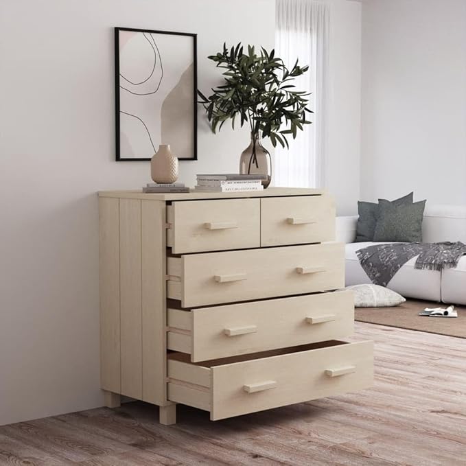 Honey Brown Solid Pine Wood Sideboard, 5-Drawer Buffet Cabinet, 31.1" Living Room Furniture, Stained Finish, Rectangular Storage Kitchen Furnitur