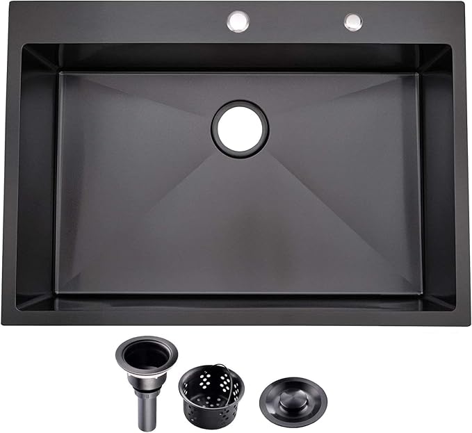 33″x22″x9″ Drop In Kitchen Sink Black, Top mount SUS304 Stainless Steel Gunmetal Black Sink 18 Gauge Single Bowl, Handmade Commercial Modern Workstation Prep Kitchen Sinks