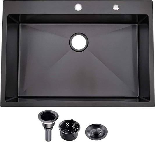 33″x22″x9″ Drop In Kitchen Sink Black, Top mount SUS304 Stainless Steel Gunmetal Black Sink 18 Gauge Single Bowl, Handmade Commercial Modern Workstation Prep Kitchen Sinks