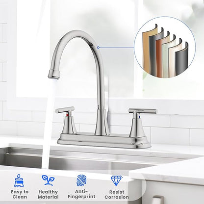 HURRAN 2 Handle Kitchen Sink Faucet, 8 Inch High Arc 360°Swivel Kitchen Sink Faucet, 3 Hole Kitchen Faucet Without Side Sprayer, Centerset RV Kitchen Faucet with Stainless Steel Pipe, Chrome