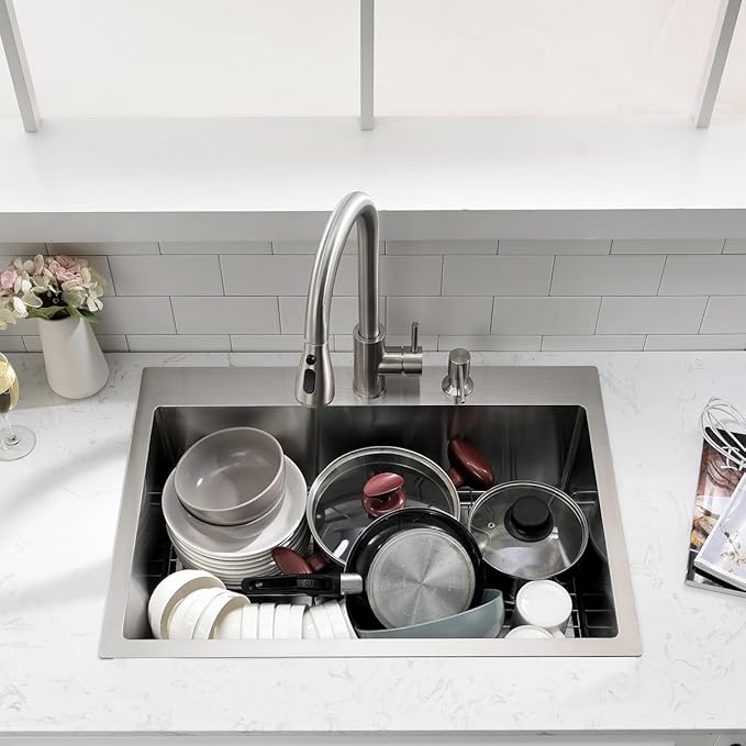26 inch Drop in Kitchen Sink - VOKIM 26"x 19" Inch Stainless Steel Drop in Sink Single Bowl Top Mount sink With Dish Grid