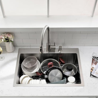 26 inch Drop in Kitchen Sink - VOKIM 26"x 19" Inch Stainless Steel Drop in Sink Single Bowl Top Mount sink With Dish Grid