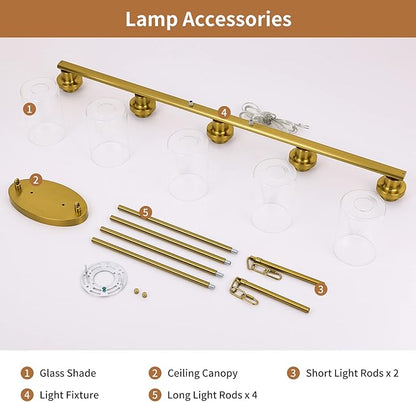 Kitchen Island Lighting, 5-Light Modern Dining Room Light Fixtures Over Table,Farmhouse Gold Linear Chandeliers for Dining Room, Industrial Pendant Lights Fixture with Clear Glass Shade