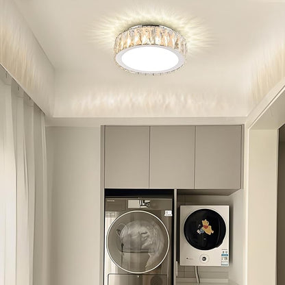 Modern 11 Inch Luxury Crystal Ceiling Light Fixture,Dimmable 3000K-6500K Adjustable LED Lighting Fixtures,Chrome 24W Round Small Chandelier for Kitchen,Bedroom,Laundry Room, Hallway
