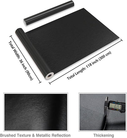 CRE8TIVE Wide 36"x118" Black Stainless Steel Contact Paper for Kitchen Wallpaper Peel and Stick Black Contact Paper Waterproof Adhesive Brushed Metallic Wallpaper for Appliances Backsplash Furniture