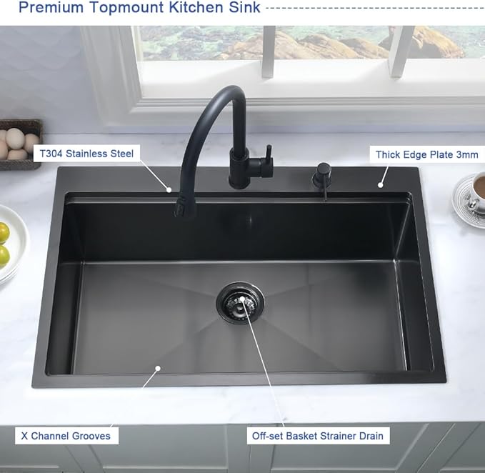 Black Kitchen Sink Drop In Workstation-Hovheir 25x20 Black Stainless Steel Kitchen Sink Drop In Topmount Sinks Workstation 16 Gauge Single Bowl Deep Overmount Sinks with Cutting Board