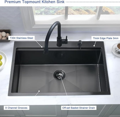 Black Kitchen Sink Drop In Workstation-Hovheir 25x20 Black Stainless Steel Kitchen Sink Drop In Topmount Sinks Workstation 16 Gauge Single Bowl Deep Overmount Sinks with Cutting Board