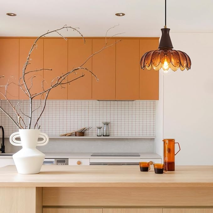 YLONG-ZS Pendant Lights Kitchen Island,Vintage Hanging Kitchen Light Fixtures with Amber Flower Glass，Walnut Wood Color Modern Hanging Pendant Ceiling Light for Island Dining Room Bedroom Living Room