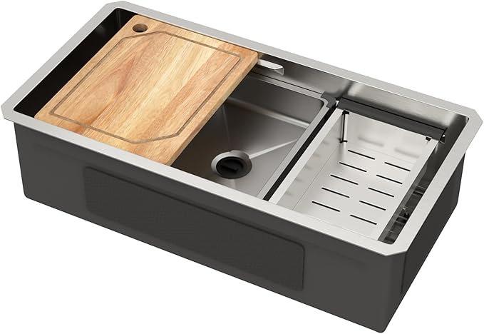 32 Undermount Kitchen Sink - 32"x17" Two-Tiered Ledge Workstation 16 Gauge Single Bowl Undermount Sink Stainless Steel All-In One Under Counter Sinks Upgraded Fast Drain & Anti-Clog #TLU-0031