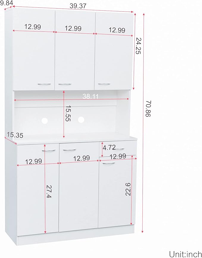 71" Tall Kitchen Pantry Cabinet,Sideboard Buffet Cabinet with 6 Doors and Shelves,Kitchen Island with Microwave Stand,Kitchen Hutch Storage Cabinet with 1 Drawer for Kitchen,Kitchen Cabinet (White)