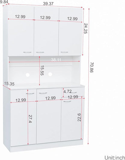 71" Tall Kitchen Pantry Cabinet,Sideboard Buffet Cabinet with 6 Doors and Shelves,Kitchen Island with Microwave Stand,Kitchen Hutch Storage Cabinet with 1 Drawer for Kitchen,Kitchen Cabinet (White)