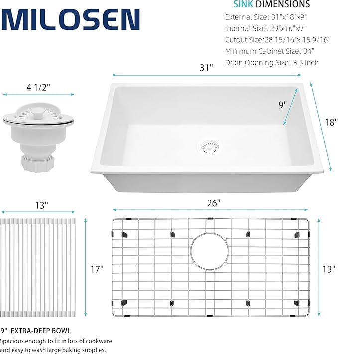 MILOSEN White Undermount Kitchen Sink, 31"x18" Granite Composite Single Bowl Kitchen Sinks, 9" Deep Large Undermount/Drop In Sink with Custom Accessories, White Quartz Kitchen Sinks for Modern Kitchen