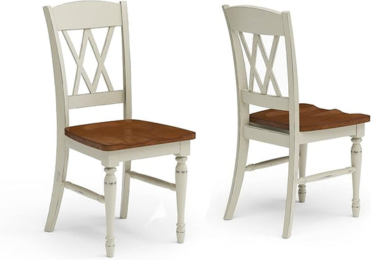 Home Styles Monarch Double X-back White and Oak Dining Chairs, with Solid Hardwood Construction, Turned Legs, and Distressed Oak Finish, Set of Two