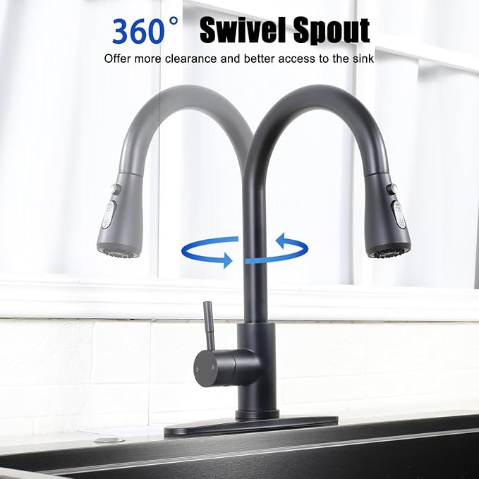 Black Kitchen Faucet with Pull Down Sprayer, Single Handle Kitchen Faucet Matte Black, Stainless Steel Suitable for 1 or 3 Hole Sinks for Farmhouse, RV, Laundry, Bar, RC-KYT010B-D
