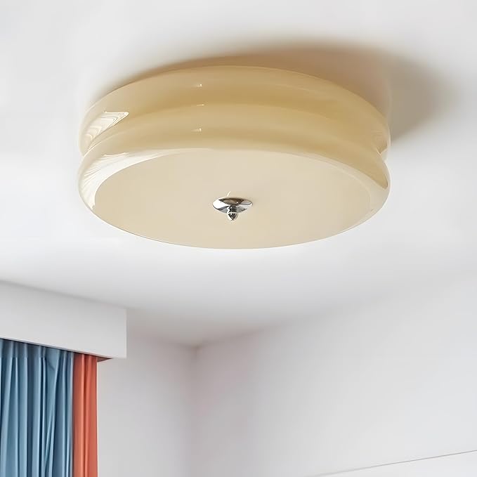 Bofea-Modern Minimalism Semi Flush Ceiling Light, Round Milk Yellow Glass LED Ceiling Light, Nordic Flush Mount Ceiling Light Fixture Decorate for Bedroom Corridor &Kitchen Island