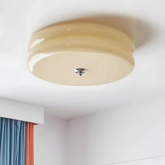 Bofea-Modern Minimalism Semi Flush Ceiling Light, Round Milk Yellow Glass LED Ceiling Light, Nordic Flush Mount Ceiling Light Fixture Decorate for Bedroom Corridor &Kitchen Island