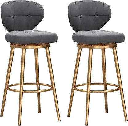 Counter Height stools Set of 2, 360° s with Back and Footrest, Thickened Upholstered Cushion, Tall Chairs for Kitchen Island, Dining Room, Home, Cafe,Grey-Sitting Height 75cm