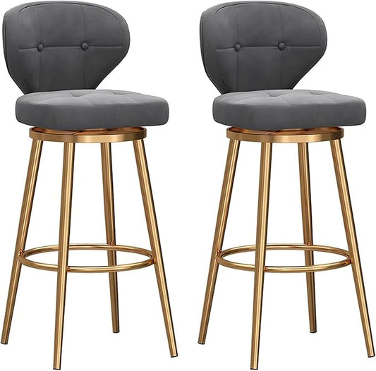 Counter Height stools Set of 2, 360° s with Back and Footrest, Thickened Upholstered Cushion, Tall Chairs for Kitchen Island, Dining Room, Home, Cafe,Grey-Sitting Height 75cm