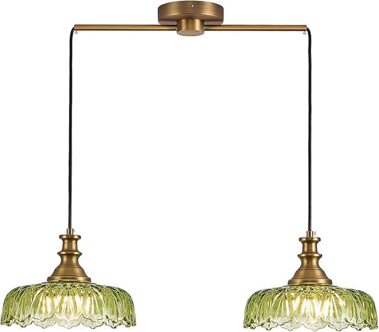 HDDFL Vintage Pendant Lighting Fixtures Modern Glass Hanging Lamp with Adjustable Cord for Kitchen Island Dining Room Hallway 2 Light Brass and Green