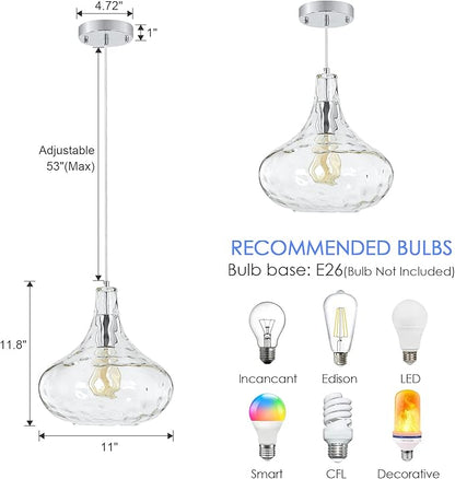 Farmhouse Vintage Glass Pendant Light with Handblown Hammered Shade - Adjustable Hanging Cord for Kitchen Island, Dining Room, Hallway - 11 Inch Chrome Ceiling Fixture