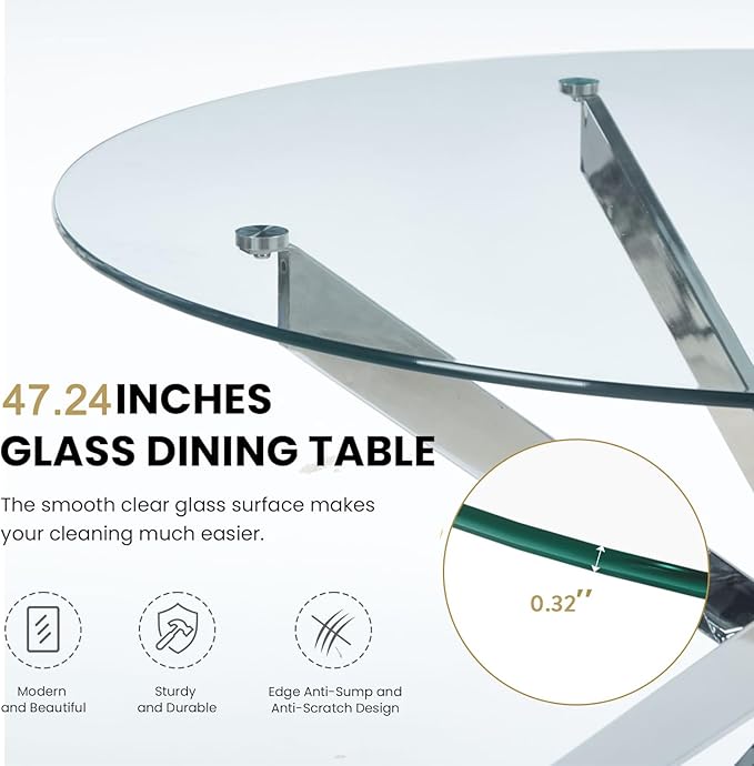 47.2'' Round Glass Dining Table for 4, Round Dining Room Table with X-Shape Metal Legs, Clear Circular Top Glass Silver Kitchen Table for 4, Perfect for Apartment Small Space