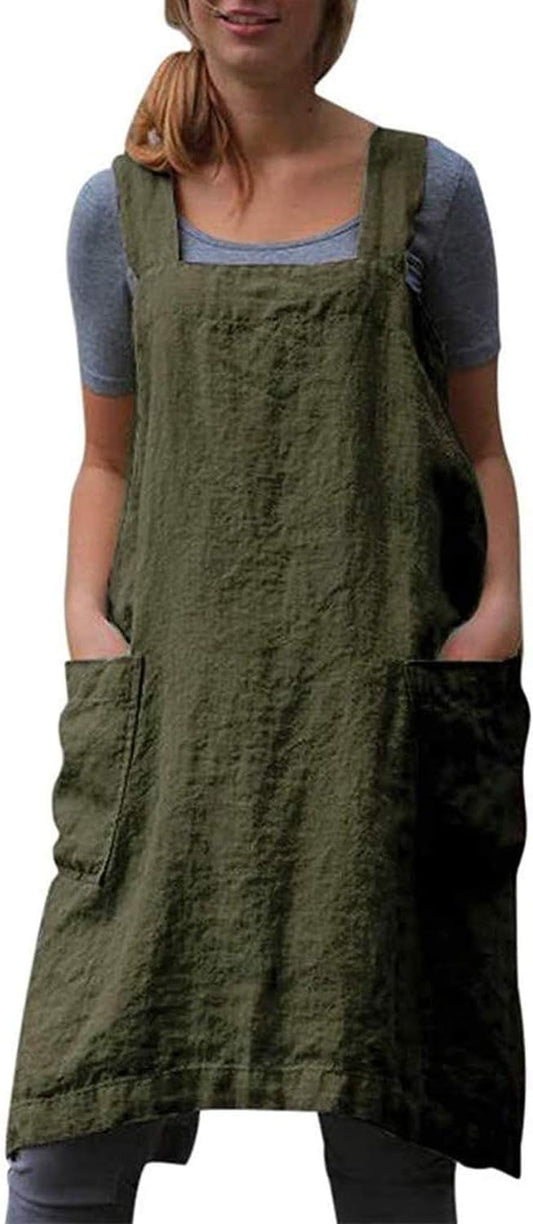 Cotton Linen Apron Cross Back Apron for Women with Pockets Pinafore Dress for Baking Cooking