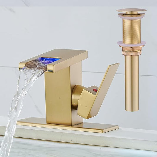 AVSIILE LED Bathroom Sink Faucet, Brushed Gold Waterfall Single Hole Handle Vanity Faucets for Sinks 1 Hole with Metal Pop Up Drain and 2 Water Supply Lines, Side Handle