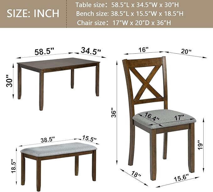 6-Piece Kitchen Dining Set, Rectangular Wooden Dining Table with 4 Upholstered Chairs and 1 Bench, Modern Dining Table Set for 6 People for Dining Room, Home Bar and Kitchen, Walnut