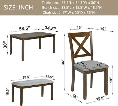 6-Piece Kitchen Dining Set, Rectangular Wooden Dining Table with 4 Upholstered Chairs and 1 Bench, Modern Dining Table Set for 6 People for Dining Room, Home Bar and Kitchen, Walnut