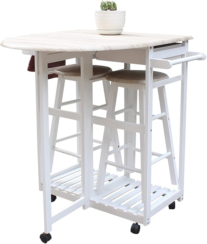 WEI WEI GLOBAL White Foldable Kitchen Island Cart on Wheels with 2 Stools - Collapsible Semicircle Desk with with Chairs, PVC Surface & Drawers
