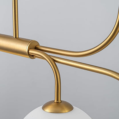 LamQee 41 Inch Mid Century Modern Linear Chandelier, 6 Lights Milk Glass Globe Chandeliers Light Fixture with Gold and White Ball, Large Pendant Lighting Ceiling Hanging for Dining Room Kitchen Island