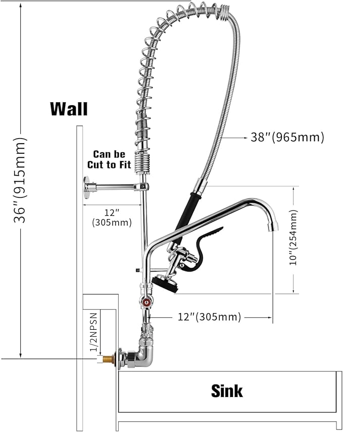 Commercial Sink Faucet with Sprayer 36" Height 8" Adjustable Center, Commercial Wall Mount Kitchen Sink Faucet with Pre-Rinse Sprayer and 12" Swing Spout for Restaurant Industrial