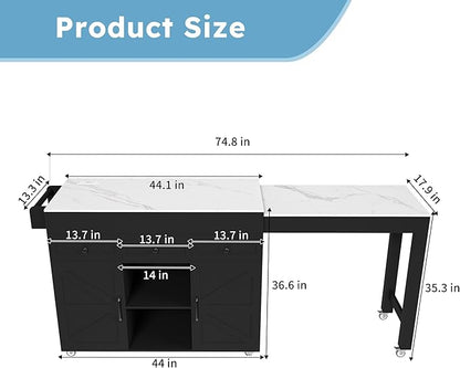 KEIKI 74.8" Kitchen Island with Extendable Dining Table, Rolling Cart with Power Outlet, 3 Drawers & Storage Cabinet on Wheels for Kitchen, Dining Room, Black