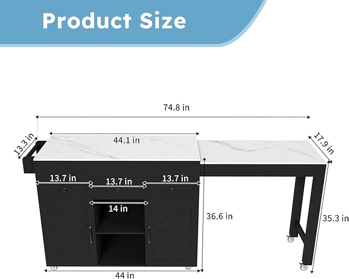 GOWE 74.8" Kitchen Island with Extendable Dining Table, Marble Veneer Top & Built-in Power Outlet - Mobile Storage Cart with 3 Drawers & Cabinet, Rolling Kitchen Cart for Dining Room, Black