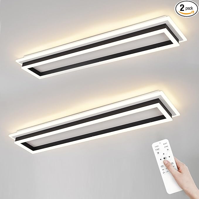 Dimmable Led Ceiling Light with Remote Control 31.5in Modern Linear Flush Mount Ceiling Lighting Fixture Acrylic Long Ceiling Lamp for Living Room Kitchen Dining Room Hallway (Black, 2 Packs)