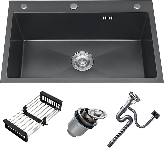 Black Drop in Kitchen Sink, 30x18 Inch Stainless Steel Single Bowl Kitchen Sinks, Topmount 18 Gauge Metal Laundry Sink with Drain Basket and Strainer Mesh Set