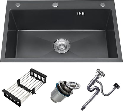 Black Drop in Kitchen Sink, 30x18 Inch Stainless Steel Single Bowl Kitchen Sinks, Topmount 18 Gauge Metal Laundry Sink with Drain Basket and Strainer Mesh Set