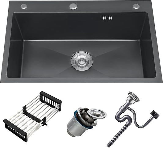 Black Drop in Kitchen Sink, 30x18 Inch Stainless Steel Single Bowl Kitchen Sinks, Topmount 18 Gauge Metal Laundry Sink with Drain Basket and Strainer Mesh Set