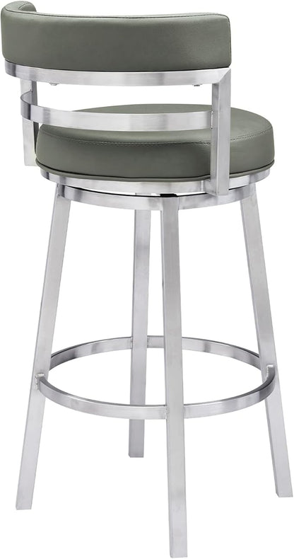 Armen Living Madrid 30" Bar Height Swivel Modern Grey Faux Leather and Brushed Stainless Steel Bar Stool for Kitchen Island Counter