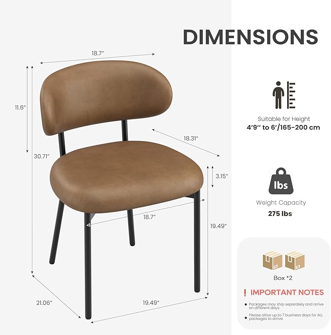Upholstered Dining Chairs Set of 6, Modern Faux Leather Kitchen Chairs with Curved Backrest and Cushioned Seat, Sturdy Metal Legs, Comfortable Accent Chairs for Kitchen Dining Room, Living Room,Brown