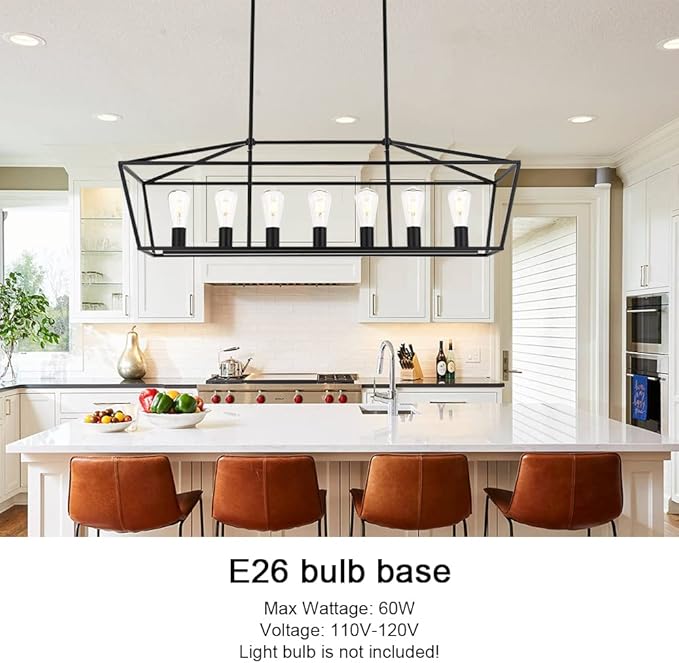 VINLUZ 38.4-Inch 7 Light Contemporary Dining Room Chandelier,Farmhouse Hanging Ceiling Kitchen Island Lighting in Matte Black Finish Rectangle Modern Pendant Light Adjustable Height