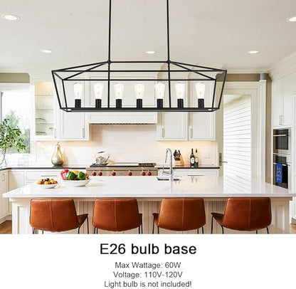 VINLUZ 38.4-Inch 7 Light Contemporary Dining Room Chandelier,Farmhouse Hanging Ceiling Kitchen Island Lighting in Matte Black Finish Rectangle Modern Pendant Light Adjustable Height