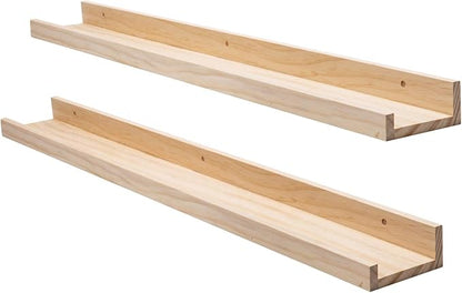 AZSKY Picture Ledge Long Floating Wall Shelf 48 Inch Photo Ledge Display Floating Shelves Wall Mounted Shelves Home Decor Nursery Bookshelf Natural Wood Set of 2