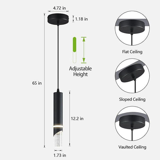 Modern Dimmable Led Pendant Lights Kitchen Island, Ideal for Living Room, Bedroom,Sink 6w LED Crystal Energy-Saving Hanging Lamp for Cozy Lighting (Black 3-Pack)