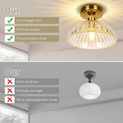 JYZ Semi Flush Mount Ceiling Light, Gold Ceiling Light Fixture with Brass & Ribbed Glass Shade, Vintage Light fixtures for Hallway, Entryway, Bathroom, Kitchen, Bedroom