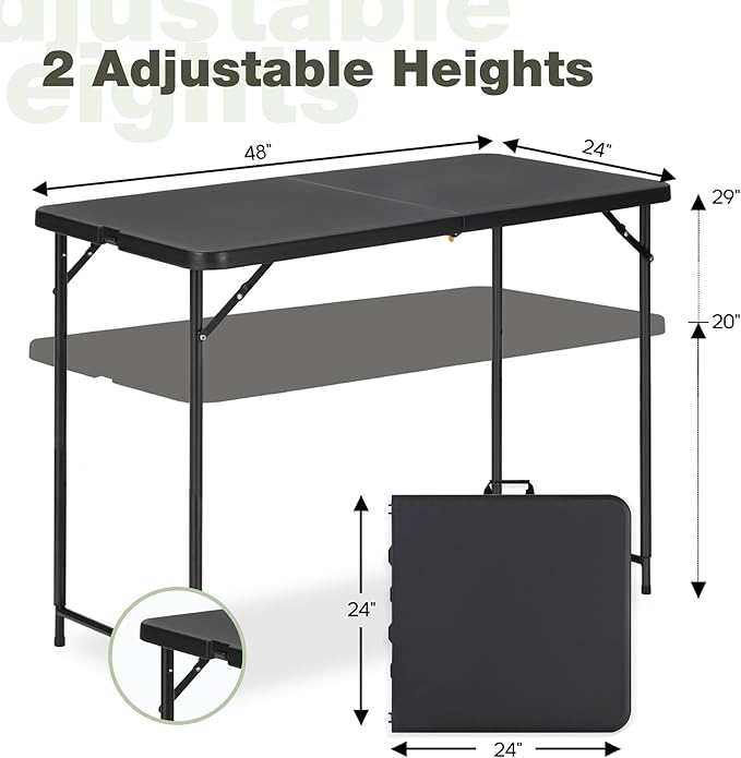 4ft Folding Table with Adjustable Height, 2-Level Foldable Table with HDPE Top & Steel Legs, Portable 4 Foot Folding Table for Picnic, Party, Craft, Indoor Outdoor Use, Black